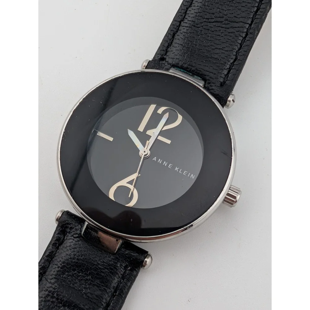 Anne Klein Watch Women 34mm Silver Case Black Leather Band AK/1065 New Battery